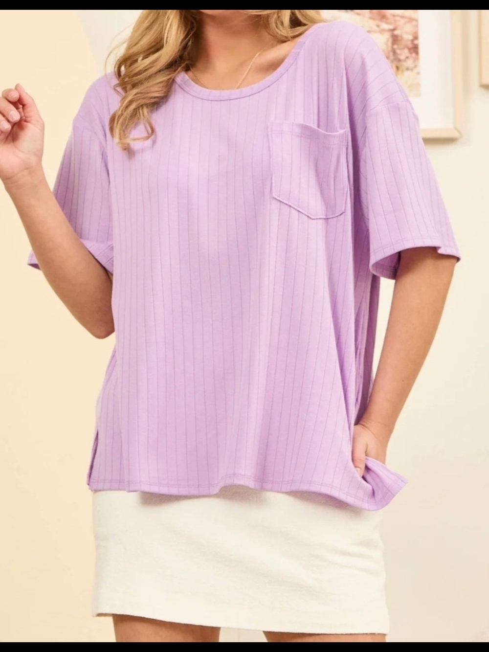 ANDREE BY UNIT Lavender Ribbed Boyfriend Style Oversized Pocket Tee